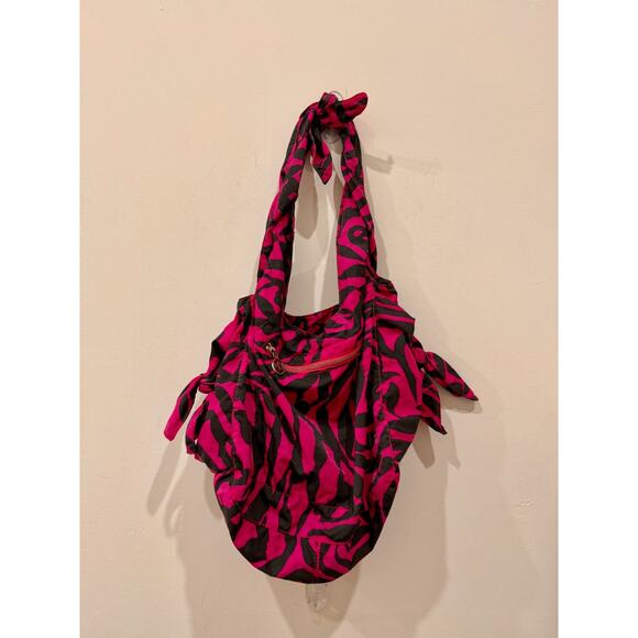 Marc Jacobs Nylon Animal Print Hobo Bow Tote Bag Black Pink Large - Picture 4 of 9